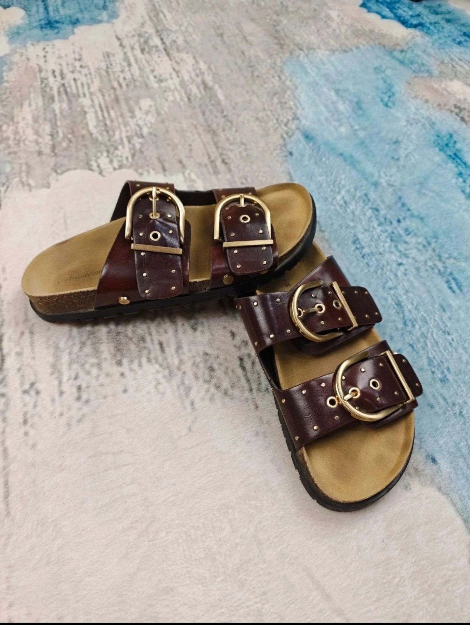 Stradivarius Western Buckle Slide Sandals Brown Gold Studded Double Strap Boho Chic Size 36 – photo 2